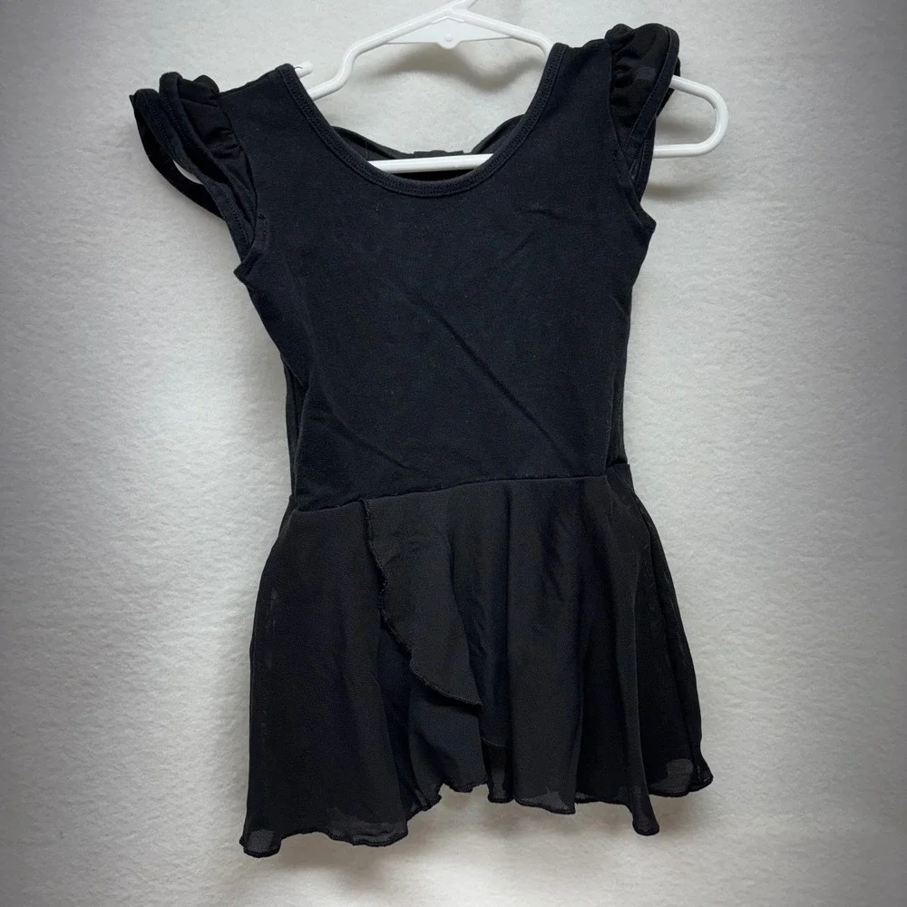 Girls Black Ballet Dance Dress Leotard Tutu Skirt Ruffled Sleeves Bow Back 2T/3T